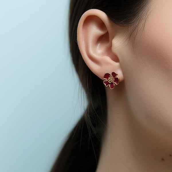 Burgundy Flower Studs | Dainty Gold Enamel Floral Bloom Post Earrings