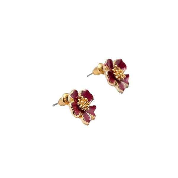 Burgundy Flower Studs | Dainty Gold Enamel Floral Bloom Post Earrings