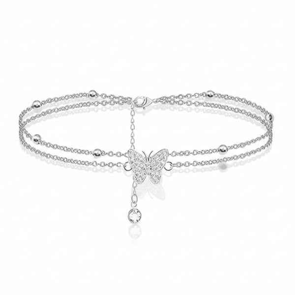 Butterfly Charm Anklet - Silver Double Layer Foot Jewelry for Women