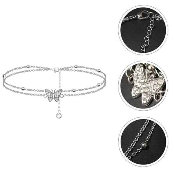 Butterfly Charm Anklet - Silver Double Layer Foot Jewelry for Women