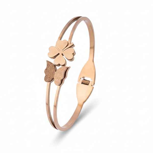 Butterfly Clover Bangle: Rose Gold Lucky Charm Bracelet for Women