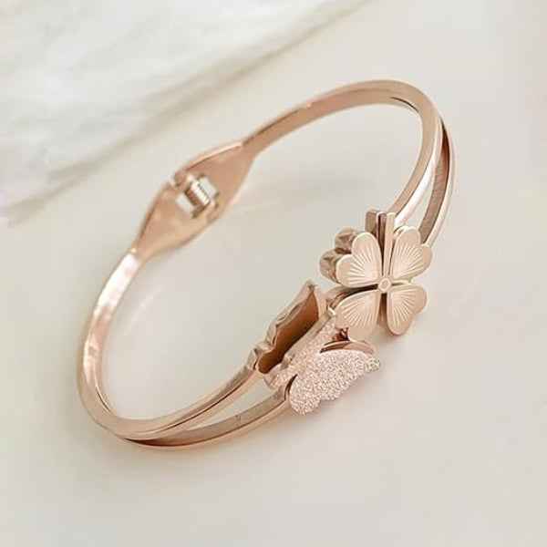 Butterfly Clover Bangle: Rose Gold Lucky Charm Bracelet for Women