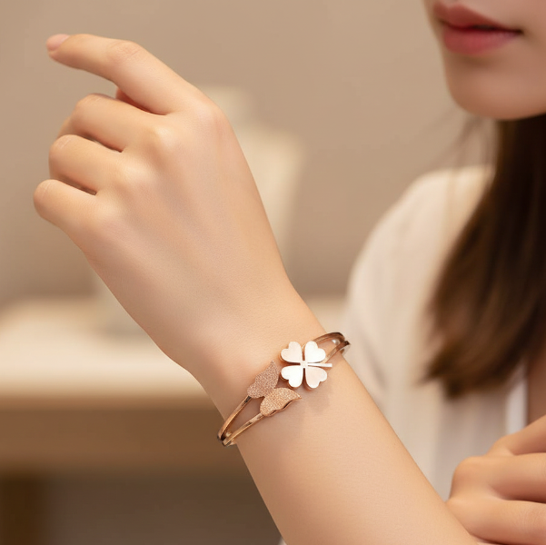 Butterfly Clover Bangle: Rose Gold Lucky Charm Bracelet for Women