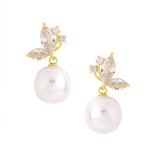 Gold Butterfly Crystal Pearl Earrings | Dangle Drop Jewelry