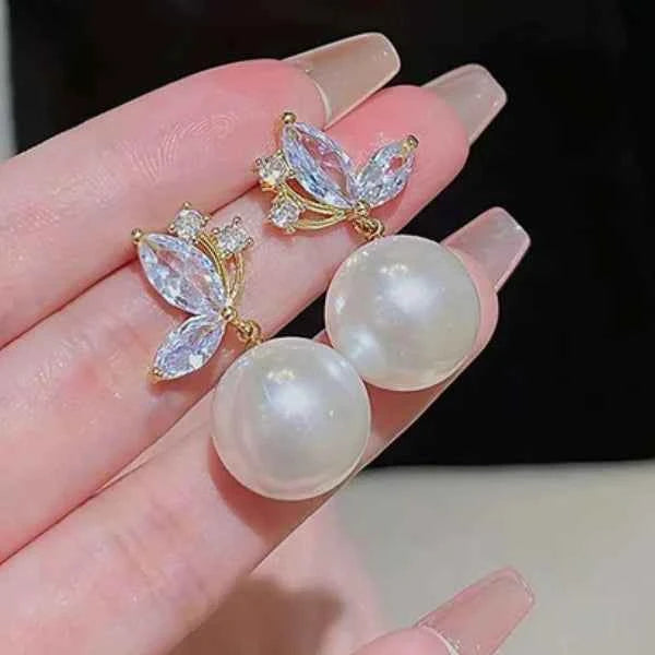 Gold Butterfly Crystal Pearl Earrings | Dangle Drop Jewelry
