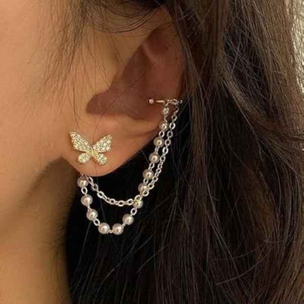 Chic Butterfly Ear Cuff: Pearl Chain Gold Stud Set Jewelry