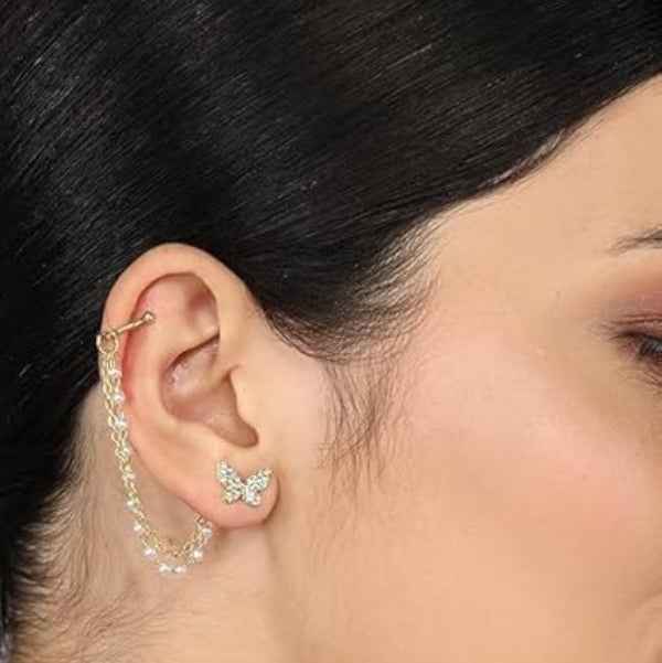 Chic Butterfly Ear Cuff: Pearl Chain Gold Stud Set Jewelry