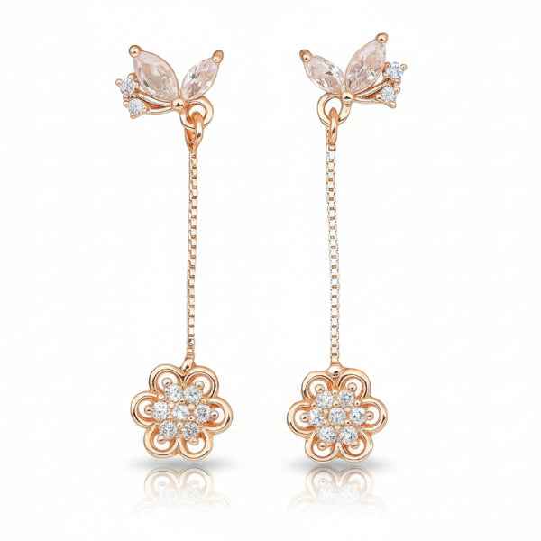 Butterfly Flower Drops | Dainty Rose Gold Crystal Floral Dangle Jewelry