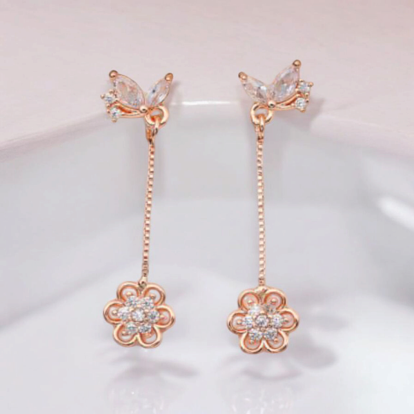 Butterfly Flower Drops | Dainty Rose Gold Crystal Floral Dangle Jewelry