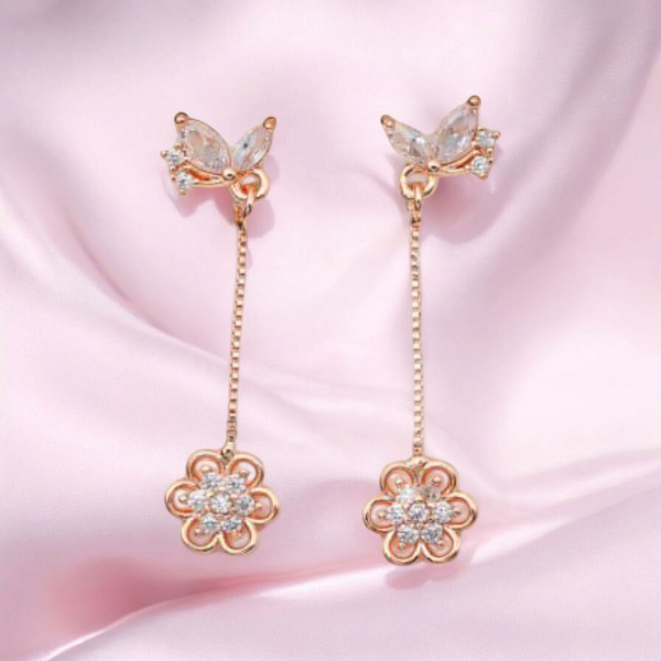 Butterfly Flower Drops | Dainty Rose Gold Crystal Floral Dangle Jewelry