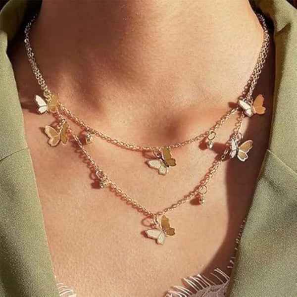Dainty Butterfly Necklace | Layered Gold Pendant Jewelry Choker Set