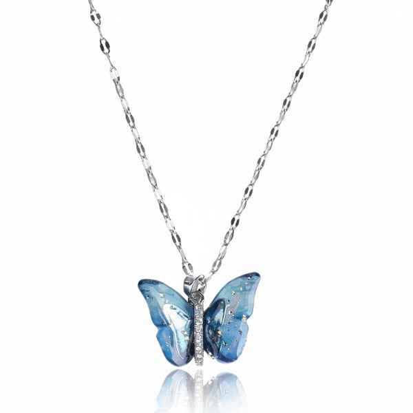 Enamel Butterfly Necklace | Silver Pendant with Blue Sparkle