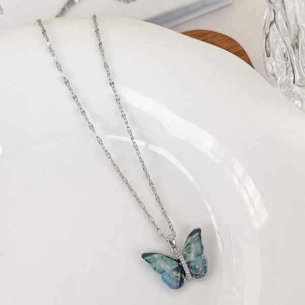 Enamel Butterfly Necklace | Silver Pendant with Blue Sparkle