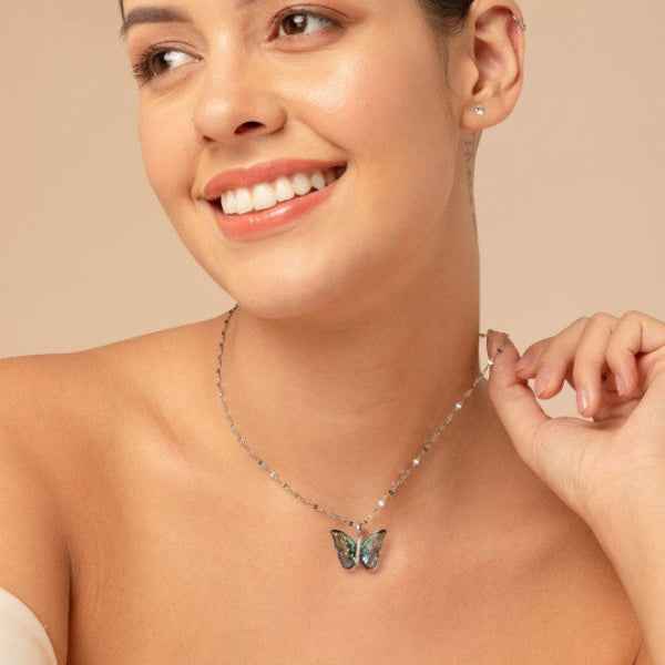 Enamel Butterfly Necklace | Silver Pendant with Blue Sparkle