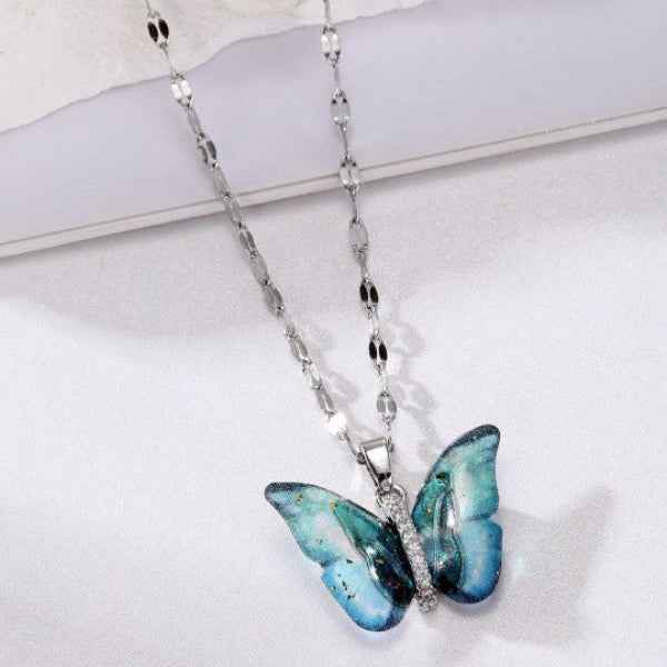 Enamel Butterfly Necklace | Silver Pendant with Blue Sparkle