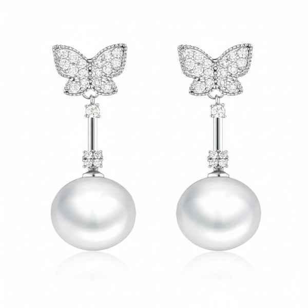 Crystal Butterfly Pearl Dangle Earrings | Premium Designer Jewelry