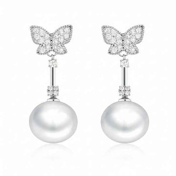 Crystal Butterfly Pearl Dangle Earrings | Premium Designer Jewelry