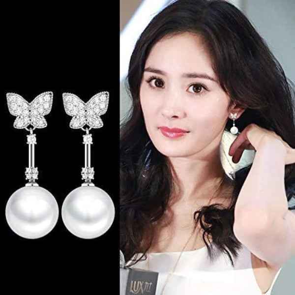 Crystal Butterfly Pearl Dangle Earrings | Premium Designer Jewelry