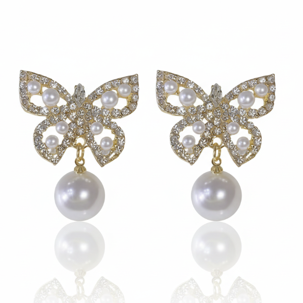 Butterfly Pearl Earrings: Gold Crystal Studs for a Polished Look