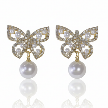 Butterfly Pearl Earrings: Gold Crystal Studs for a Polished Look