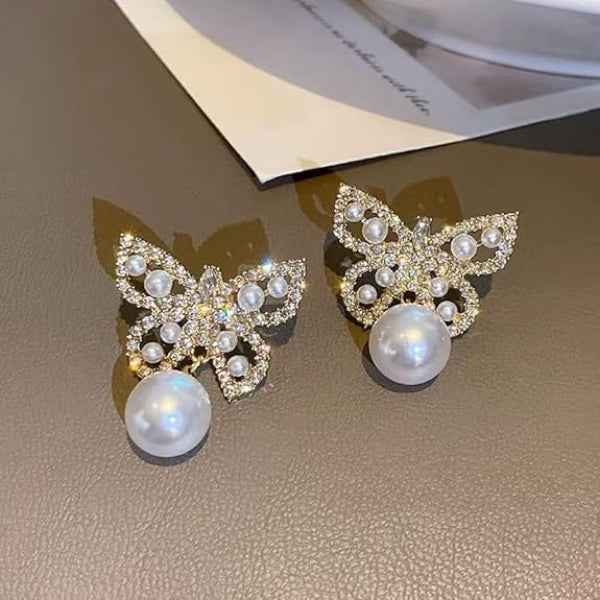 Butterfly Pearl Earrings: Gold Crystal Studs for a Polished Look