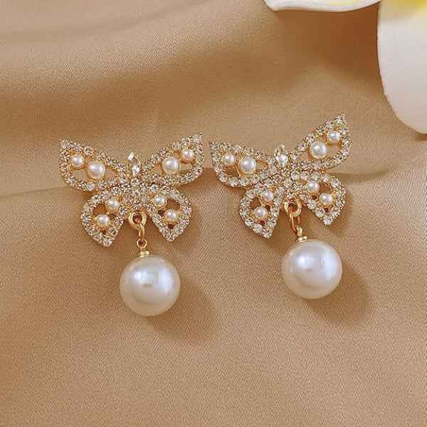 Butterfly Pearl Earrings: Gold Crystal Studs for a Polished Look