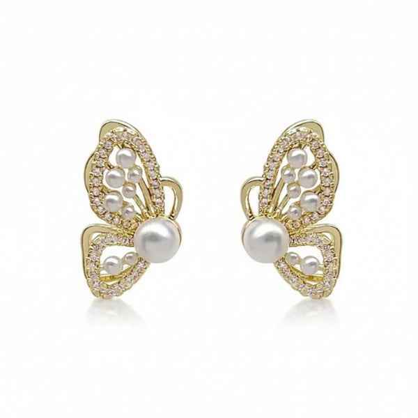 Butterfly Pearl Earrings - Gold Butterfly Studs & Crystal Wing Jewelry