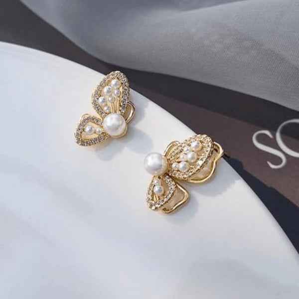 Butterfly Pearl Earrings - Gold Butterfly Studs & Crystal Wing Jewelry