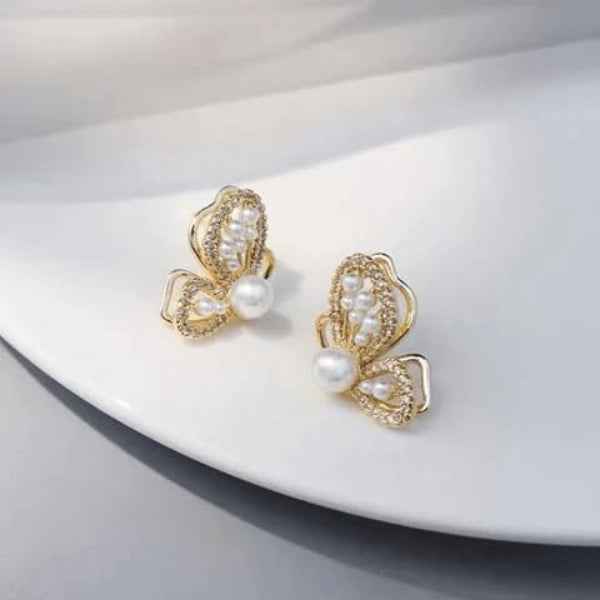 Butterfly Pearl Earrings - Gold Butterfly Studs & Crystal Wing Jewelry