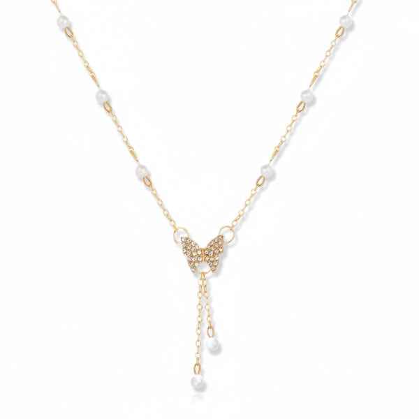 Butterfly Pearl Necklace | Dainty Gold Butterfly Y-Necklace Charm