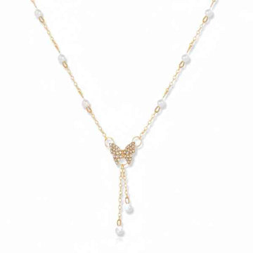 Butterfly Pearl Necklace | Dainty Gold Butterfly Y-Necklace Charm