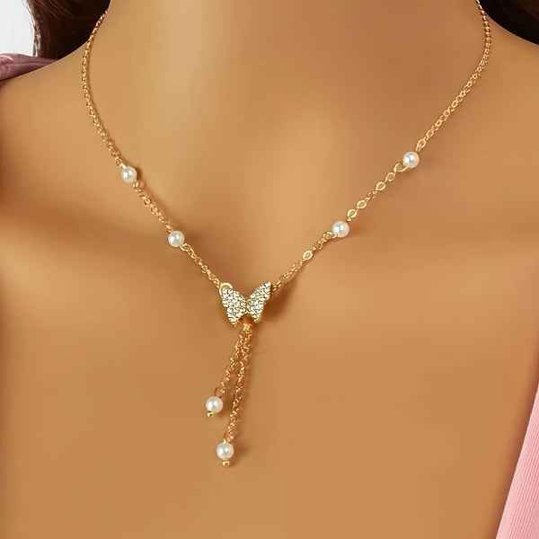Butterfly Pearl Necklace | Dainty Gold Butterfly Y-Necklace Charm
