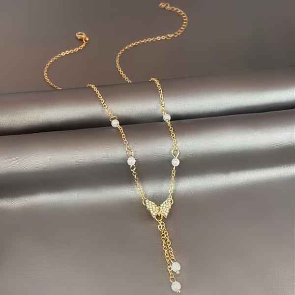 Butterfly Pearl Necklace | Dainty Gold Butterfly Y-Necklace Charm