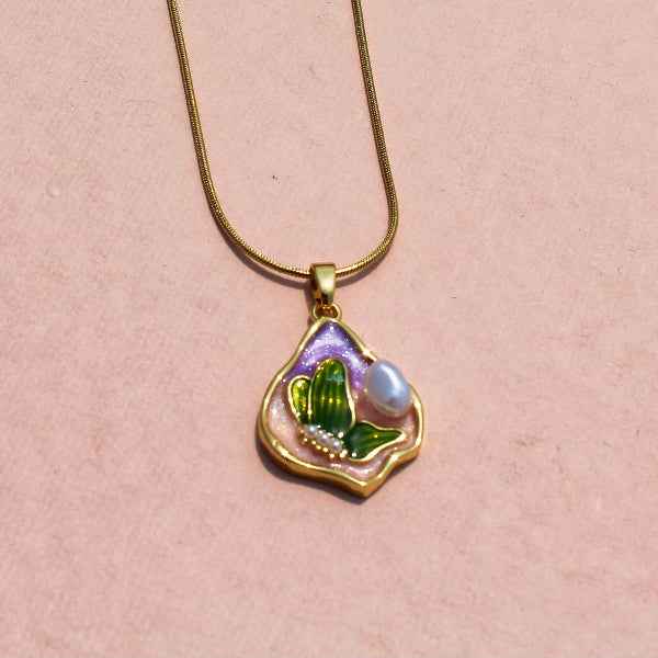 Butterfly Pearl Necklace - Shimmering Enamel Gold Plated Pendant