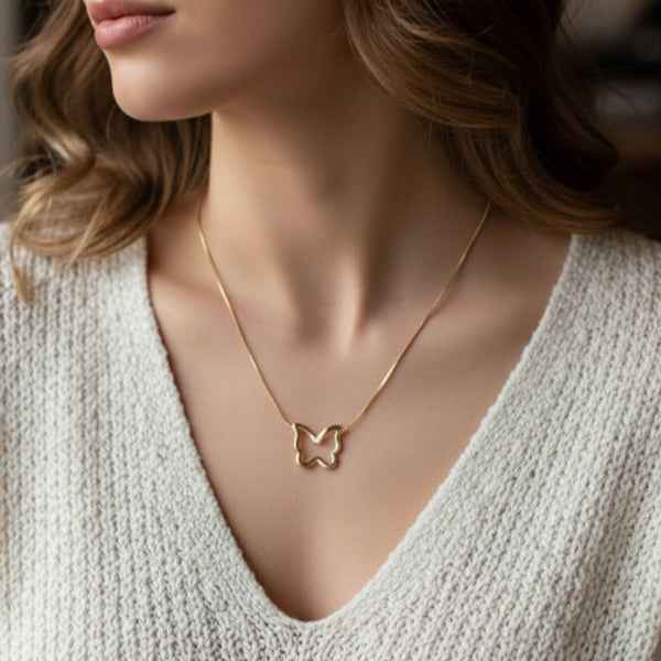 Gold Butterfly Pendant Necklace - Shimmering Open Moth Snake Chain