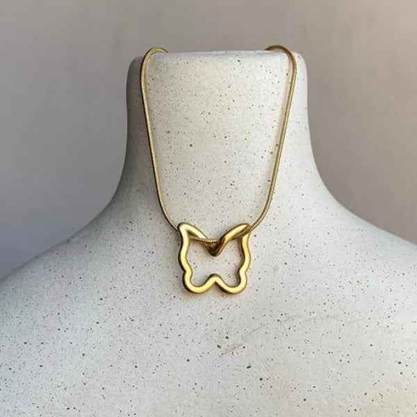 Gold Butterfly Pendant Necklace - Shimmering Open Moth Snake Chain