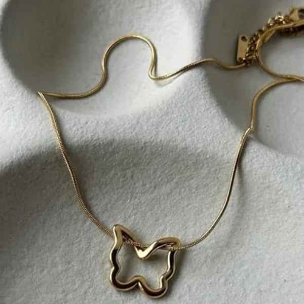 Gold Butterfly Pendant Necklace - Shimmering Open Moth Snake Chain