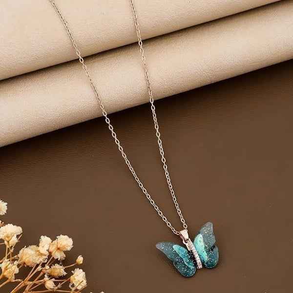 Ethereal Butterfly Resin Necklace – Rose Gold & Glittering Blue
