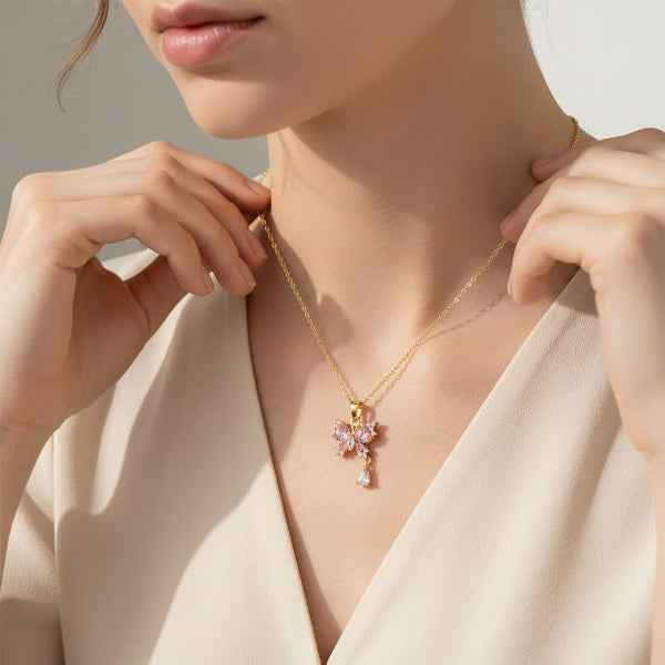 Shimmering Gold Butterfly Necklace | Adjustable Lariat Clover Jewelry