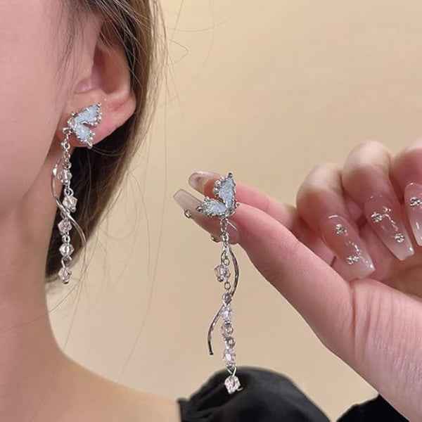 Butterfly Tassel Earrings | Dainty Silver Crystal Drop Dangle Jewelry