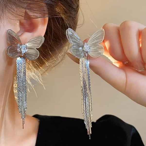Butterfly Tassel Earrings | Dainty Silver Fringe Crystal Drop Jewelry