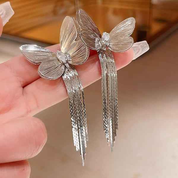Butterfly Tassel Earrings | Dainty Silver Fringe Crystal Drop Jewelry