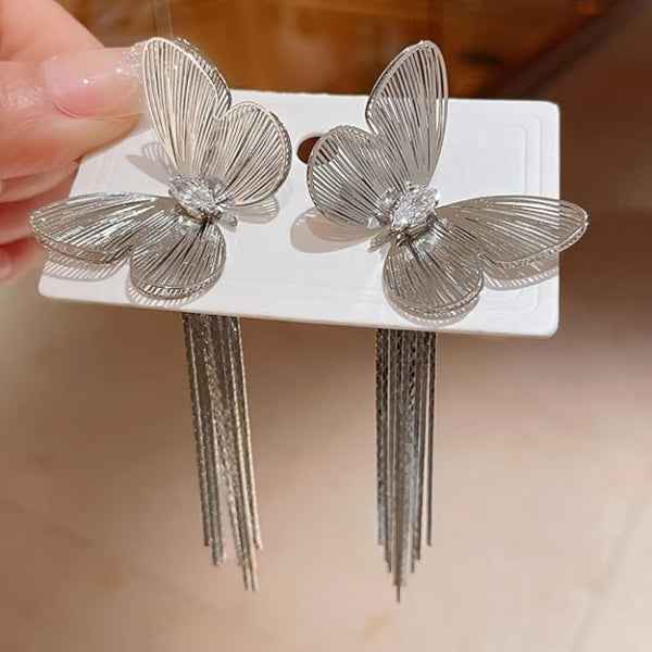 Butterfly Tassel Earrings | Dainty Silver Fringe Crystal Drop Jewelry