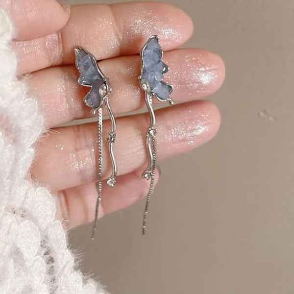 Butterfly Tassel Earrings | Dainty Silver Long Drop Crystal Jewelry