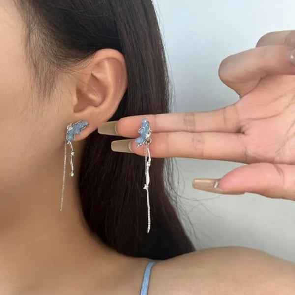 Butterfly Tassel Earrings | Dainty Silver Long Drop Crystal Jewelry