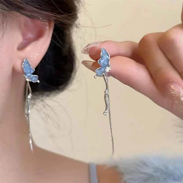 Butterfly Tassel Earrings | Dainty Silver Long Drop Crystal Jewelry