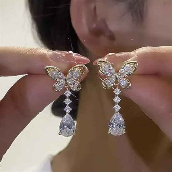 Dazzling Butterfly Teardrop Dangle Earrings | Gold Crystal Drop Jewelry
