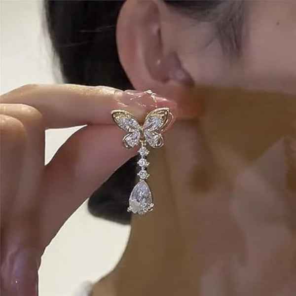 Dazzling Butterfly Teardrop Dangle Earrings | Gold Crystal Drop Jewelry