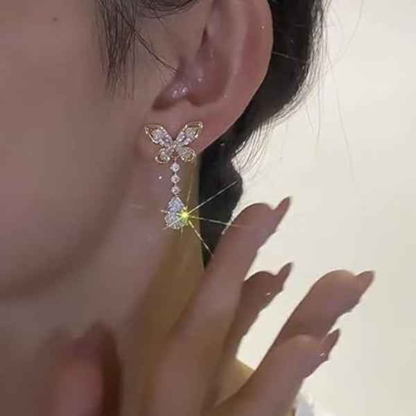 Dazzling Butterfly Teardrop Dangle Earrings | Gold Crystal Drop Jewelry