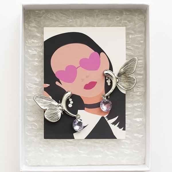 Butterfly Wing Earrings | Dainty Silver Crystal Ethereal Drop Jewelry